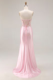 Pink Strapless Mermaid Corset Appliqued Sequin Long Prom Dress With Slit