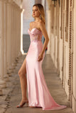 Strapless Pink Mermaid Corset Appliqued Sequin Long Prom Dress With Slit