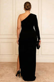 Black One Shoulder Sheath Satin Plus Size Mother Of The Bride Dress with Slit