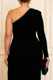 Black One Shoulder Sheath Satin Plus Size Mother Of The Bride Dress with Slit