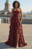 Black Red Flower Sweetheart Corset Tiered A Line Long Plus Size Prom Dress with Slit