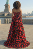 Black Red Flower Sweetheart Corset Tiered A Line Long Plus Size Prom Dress with Slit