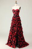 Black Red Flower A Line Sweetheart Corset Tiered Long Prom Dress with Slit