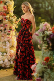 Black Red Flower A Line Sweetheart Corset Ruffled Long Prom Dress with Slit