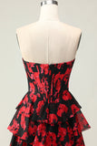Black Red Flower A Line Sweetheart Corset Tiered Long Prom Dress with Slit