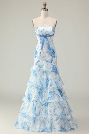 White Blue Flower Strapless Tiered Print Long Prom Dress with Ruffles