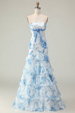 White Blue Flower Strapless Tiered Print Long Prom Dress with Ruffles