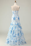 White Blue Flower Strapless Tiered Print Long Prom Dress with Ruffles