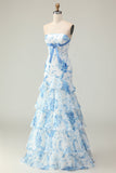 White Blue Flower Strapless Tiered Print Long Prom Dress with Ruffles