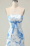 White Blue Flower Strapless Tiered Print Long Prom Dress with Ruffles
