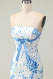 White Blue Flower Strapless Tiered Print Long Prom Dress with Ruffles