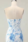 White Blue Flower Strapless Tiered Print Long Prom Dress with Ruffles