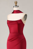 Burgundy Strapless Mermaid Satin Convertible Long Prom Dress with Streamer