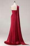 Burgundy Strapless Mermaid Satin Convertible Long Prom Dress with Streamer