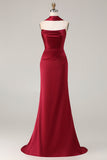 Burgundy Strapless Mermaid Satin Convertible Long Prom Dress with Streamer
