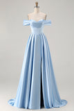 Blue A-Line Off The Shoulder Satin Long Bridesmaid Dress with Slit