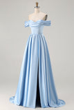 Blue A-Line Off The Shoulder Satin Long Bridesmaid Dress with Slit