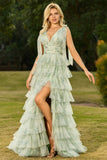 Green A-Line Tiered Ruffle Floral Long Tulle Prom Dress with Slit