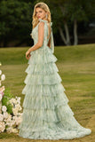 Green A-Line Tiered Ruffle Floral Long Tulle Prom Dress with Slit