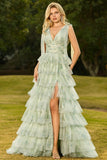 Green A-Line Tiered Ruffle Floral Long Tulle Prom Dress with Slit