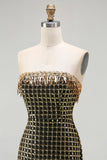 Sparkly Black Golden Strapless Sheath Sequins Beaded Long Prom Dress with Slit