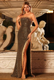 Sparkly Black Golden Sheath Strapless Beaded Sequin Long Prom Dress with Slit