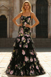 Black Pink Flower Mermaid Ruffled Sequin Long Prom Dress with Lace Up Back