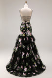 Black Pink Flower Mermaid Ruffled Sequin Long Prom Dress with Lace Up Back