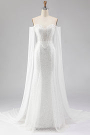 White Mermaid Beaded Sweetheart Sequin Long Prom Dress with Cape