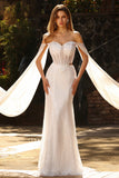 White Beaded Sweetheart Mermaid Basque Waist Sequin Long Prom Dress with Cape