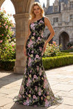 Black One Shoulder Floral Mermaid Long Prom Dress with Train
