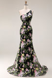 Black One Shoulder Floral Mermaid Long Prom Dress with Train