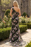 Black One Shoulder Floral Mermaid Long Prom Dress with Train