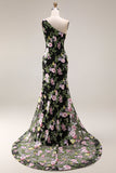 Black One Shoulder Floral Mermaid Long Prom Dress with Train