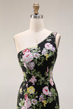 Black One Shoulder Floral Mermaid Long Prom Dress with Train
