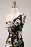 Black One Shoulder Floral Mermaid Long Prom Dress with Train