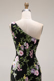 Black One Shoulder Floral Mermaid Long Prom Dress with Train