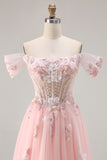 Pink A Line Off the Shoulder Beaded Sheer Corset Long Prom Dress with Sequins