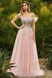 Pink A Line Beaded Off the Shoulder Sheer Corset Long Prom Dress with Sequins