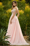 Pink A Line Beaded Off the Shoulder Sheer Corset Long Prom Dress with Sequins