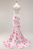 White Fuchsia Flower Lace Corset Mermaid Long Prom Dress