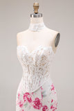 White Fuchsia Flower Lace Corset Mermaid Long Prom Dress