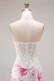 White Fuchsia Flower Lace Corset Mermaid Long Prom Dress