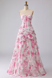 White Fuchsia Flower Strapless Pleated A-Line Long Prom Dress with Ruffles