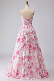 White Fuchsia Flower Strapless Pleated A-Line Long Prom Dress with Ruffles