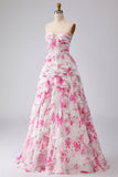 White Fuchsia Flower Strapless Pleated A-Line Long Prom Dress with Ruffles