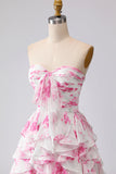 White Fuchsia Flower Strapless Pleated A-Line Long Prom Dress with Ruffles