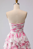 White Fuchsia Flower Strapless Pleated A-Line Long Prom Dress with Ruffles