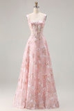 Pink Corset A Line Embroidered Long Floral Prom Dress with Sequins
