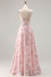 Pink Corset Sequin A Line Floral Long Prom Dress with Embroidery